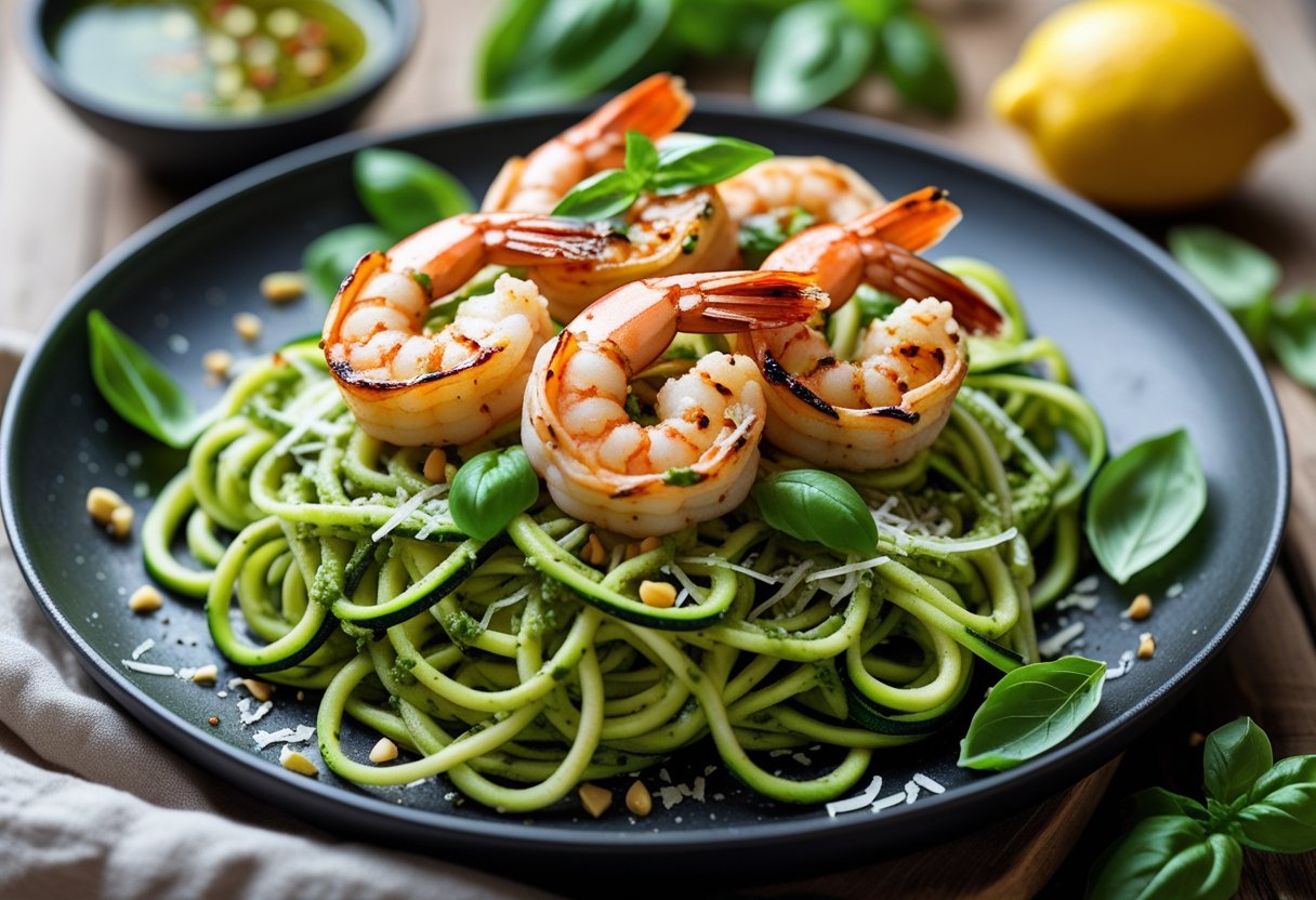 A plate of zucchini noodle pesto pasta topped with grilled shrimp, garnished with fresh basil and Parmesan cheese on a wooden table.