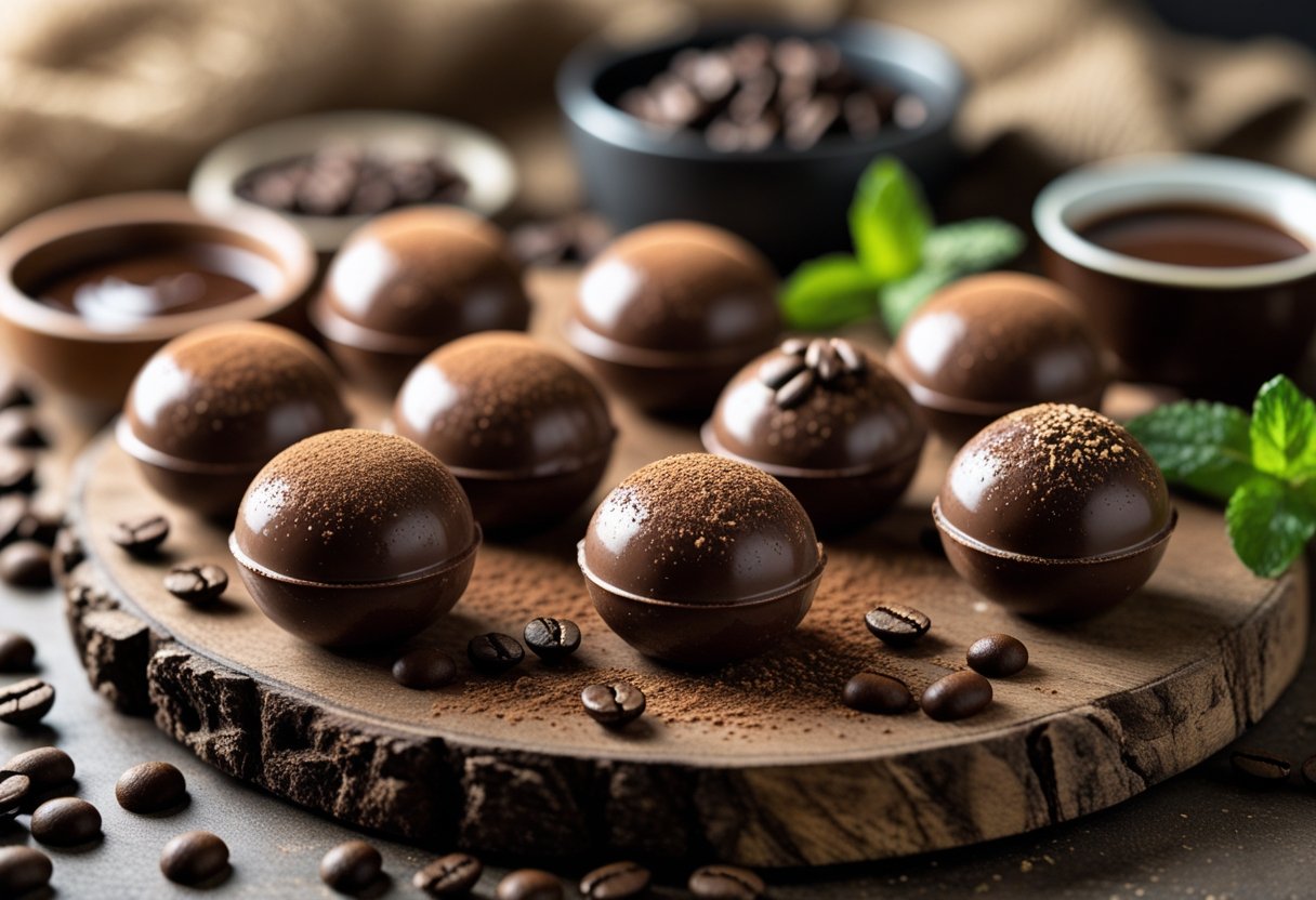 Small round chocolate mocha fat bombs on a wooden board with coffee beans and a bowl of mocha sauce.