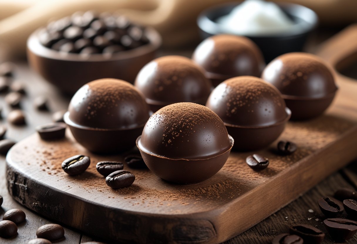 Close-up of small chocolate keto mocha fat bombs on a wooden board with coffee beans and chocolate pieces nearby.