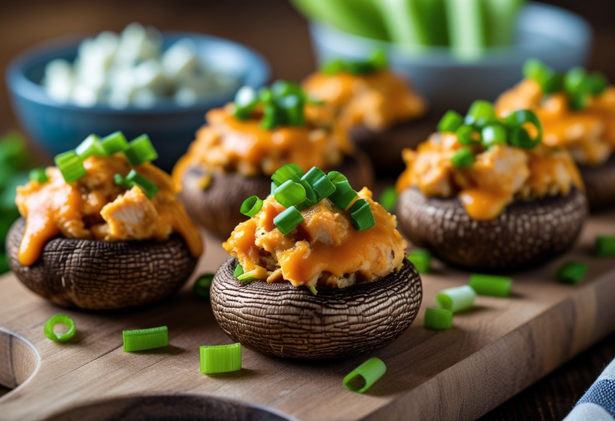 Close-up of buffalo chicken stuffed mushrooms on a wooden board with a bowl of blue cheese dressing and celery sticks in the background.