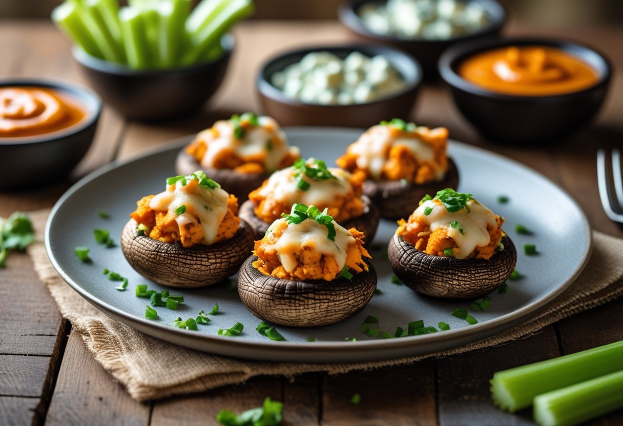 Plate of buffalo chicken stuffed mushrooms on a wooden table with bowls of sauce and celery sticks nearby.