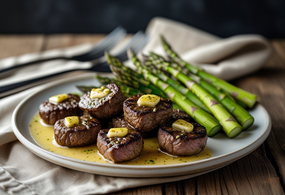 A plate of garlic butter steak bites with grilled asparagus on a wooden table.