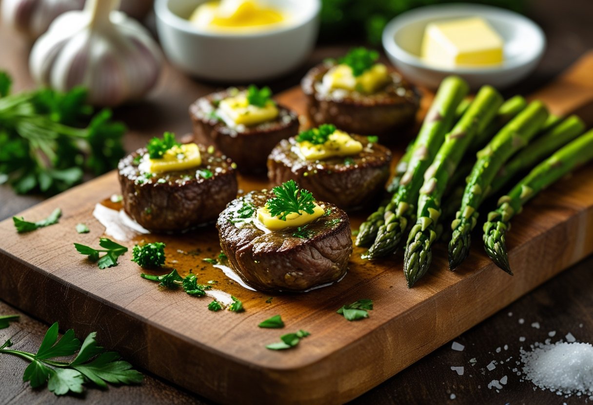 Close-up of garlic butter steak bites and roasted asparagus on a wooden board with fresh garlic and parsley nearby.