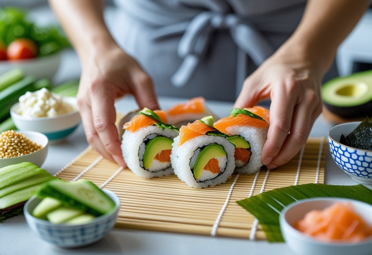 Hands rolling sushi with cauliflower rice and fresh vegetables on a bamboo mat in a kitchen.