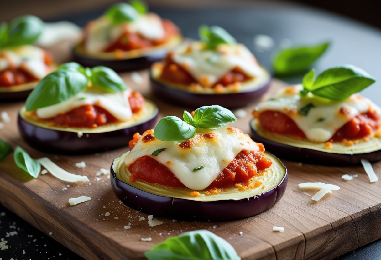 Close-up of Parmesan-crusted eggplant pizza bites on a wooden serving board with melted cheese, tomato sauce, and fresh basil.