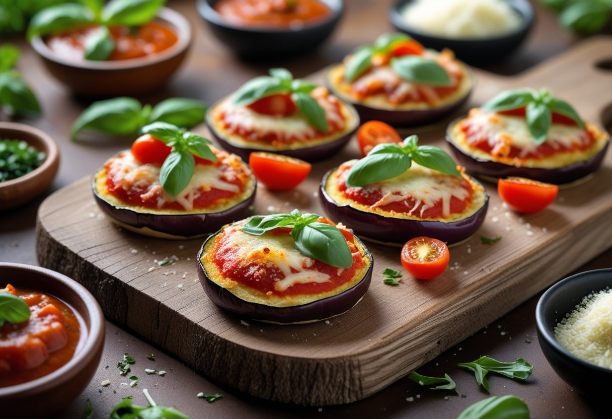 Close-up of Parmesan-crusted eggplant pizza bites on a wooden board with bowls of toppings and herbs around.