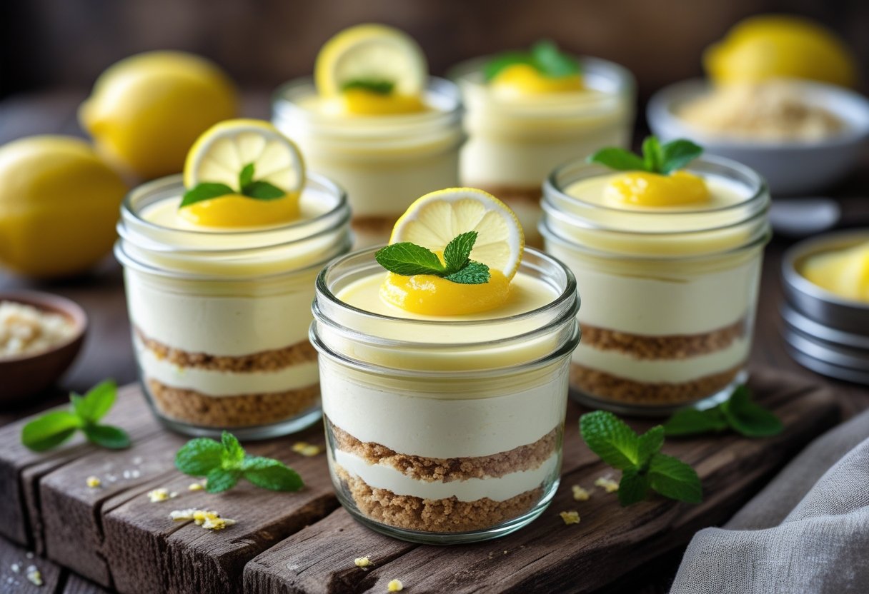 Several jars filled with creamy lemon cheesecake topped with lemon slices and mint leaves on a wooden table.