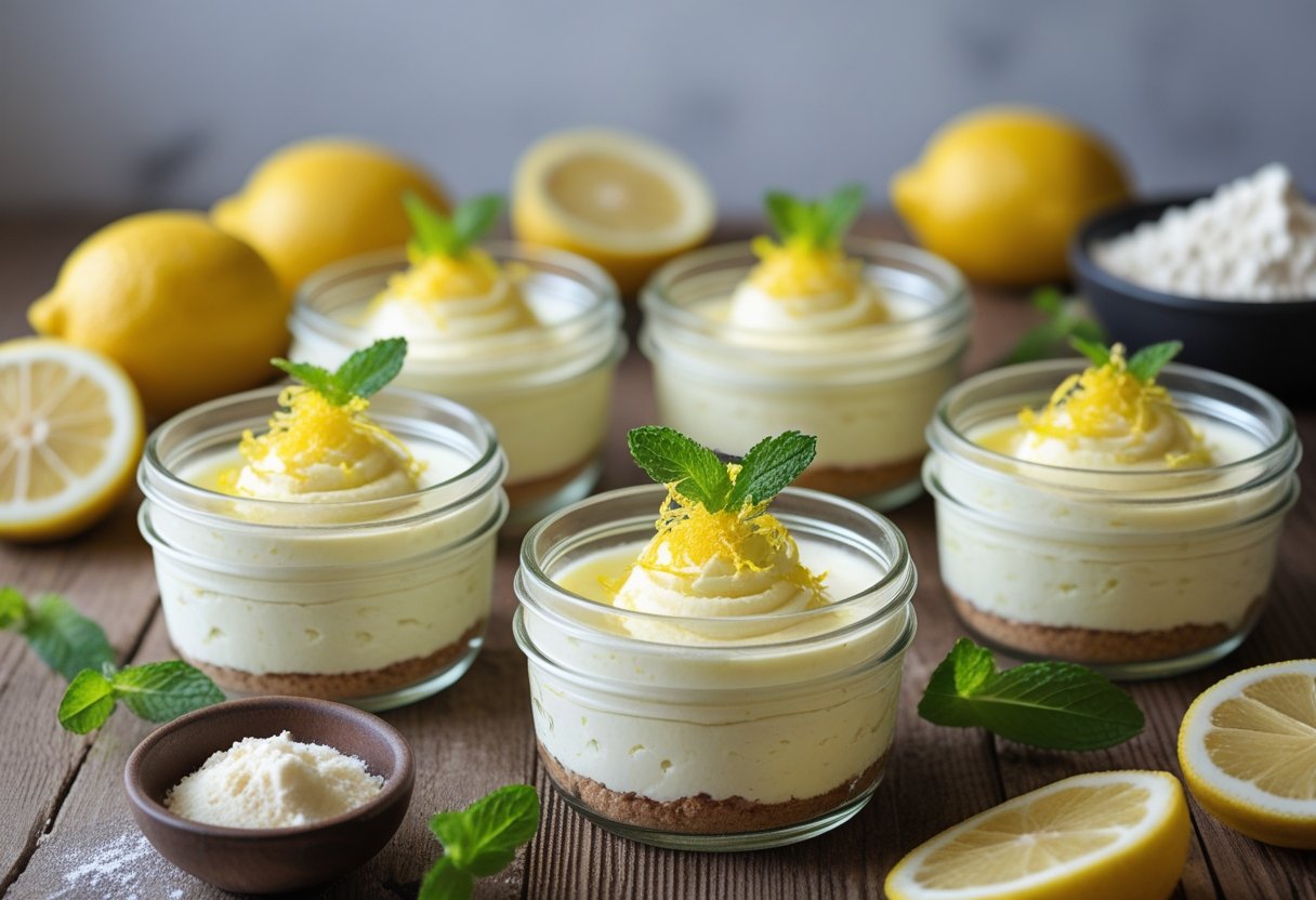 Several jars of no-bake lemon cheesecake topped with lemon zest and mint on a wooden table surrounded by fresh lemons and ingredients.