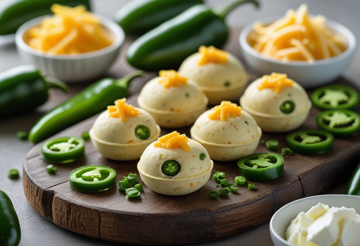 A wooden board with round spicy jalapeño popper fat bombs, fresh jalapeño peppers, and small bowls of cheese on a table.