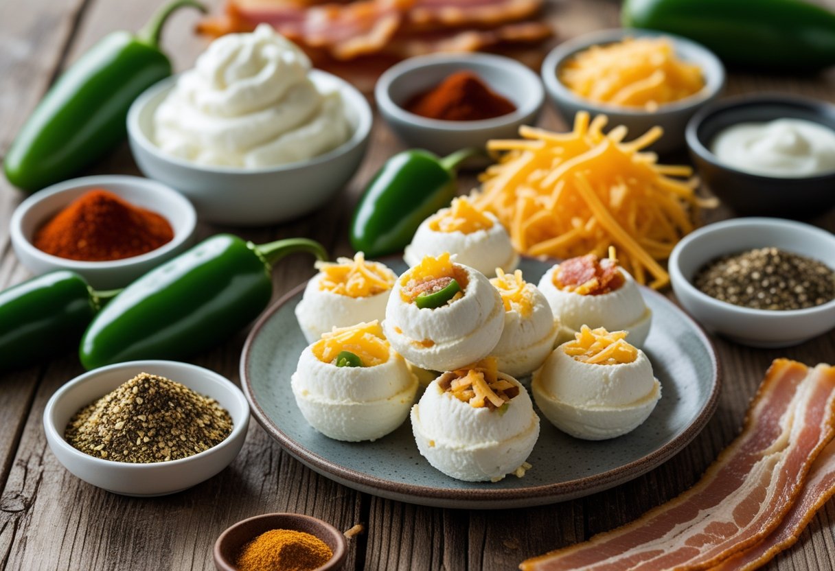 A plate of jalapeño popper fat bombs surrounded by fresh jalapeños, cream cheese, bacon, cheddar cheese, and spices on a wooden table.