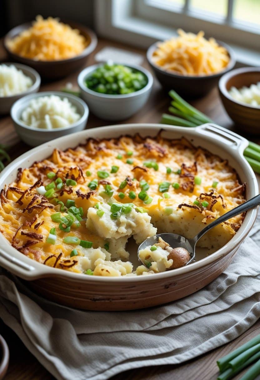 A golden brown cheesy potato casserole in a rustic baking dish on a wooden table with ingredients and a serving spoon nearby.