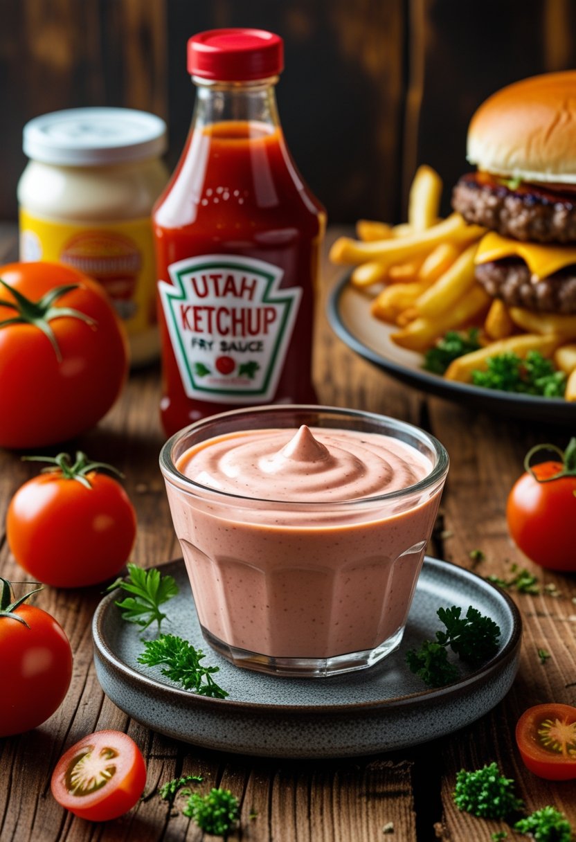 A bowl of pink fry sauce on a wooden table surrounded by tomatoes, ketchup, mayonnaise, herbs, French fries, and a cheeseburger.