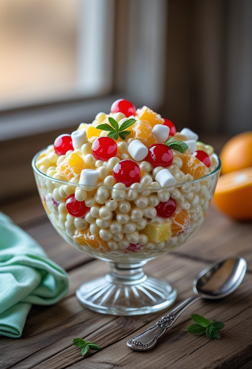A bowl of creamy fruit and pasta salad with pineapple, mandarin oranges, marshmallows, and green cherries on a wooden table with a spoon and napkin nearby.
