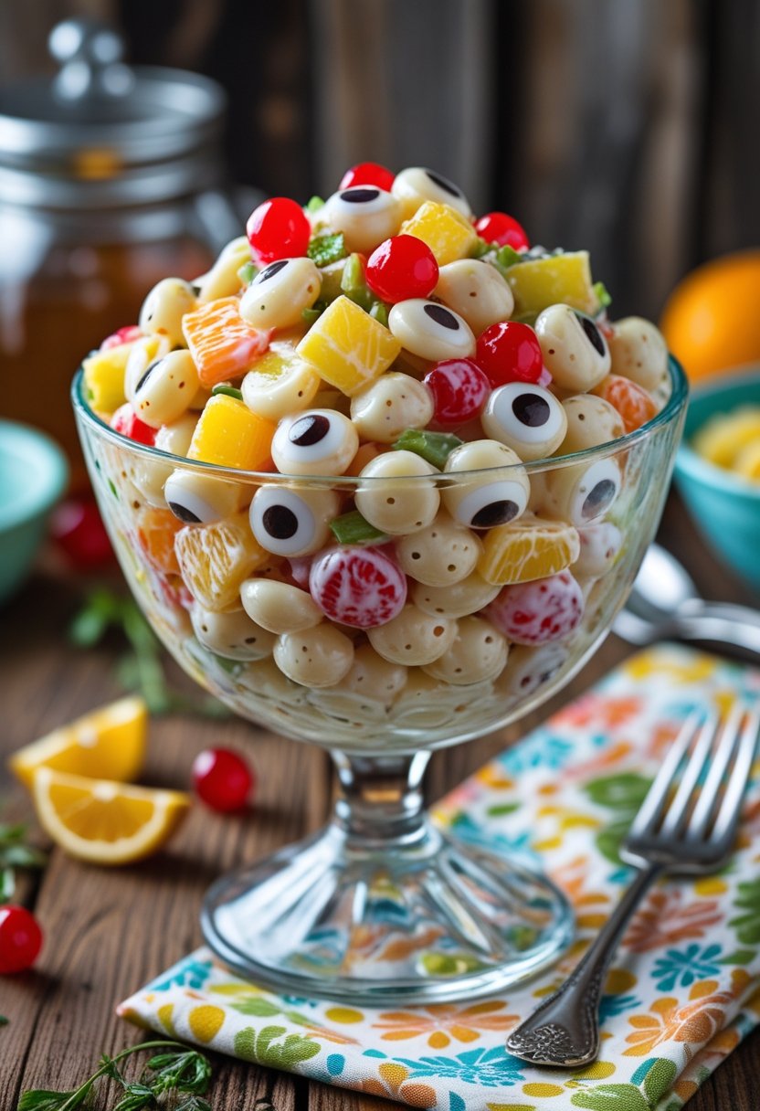 A bowl of Frog Eye Salad with fruit and pasta on a wooden table surrounded by vintage kitchen items.