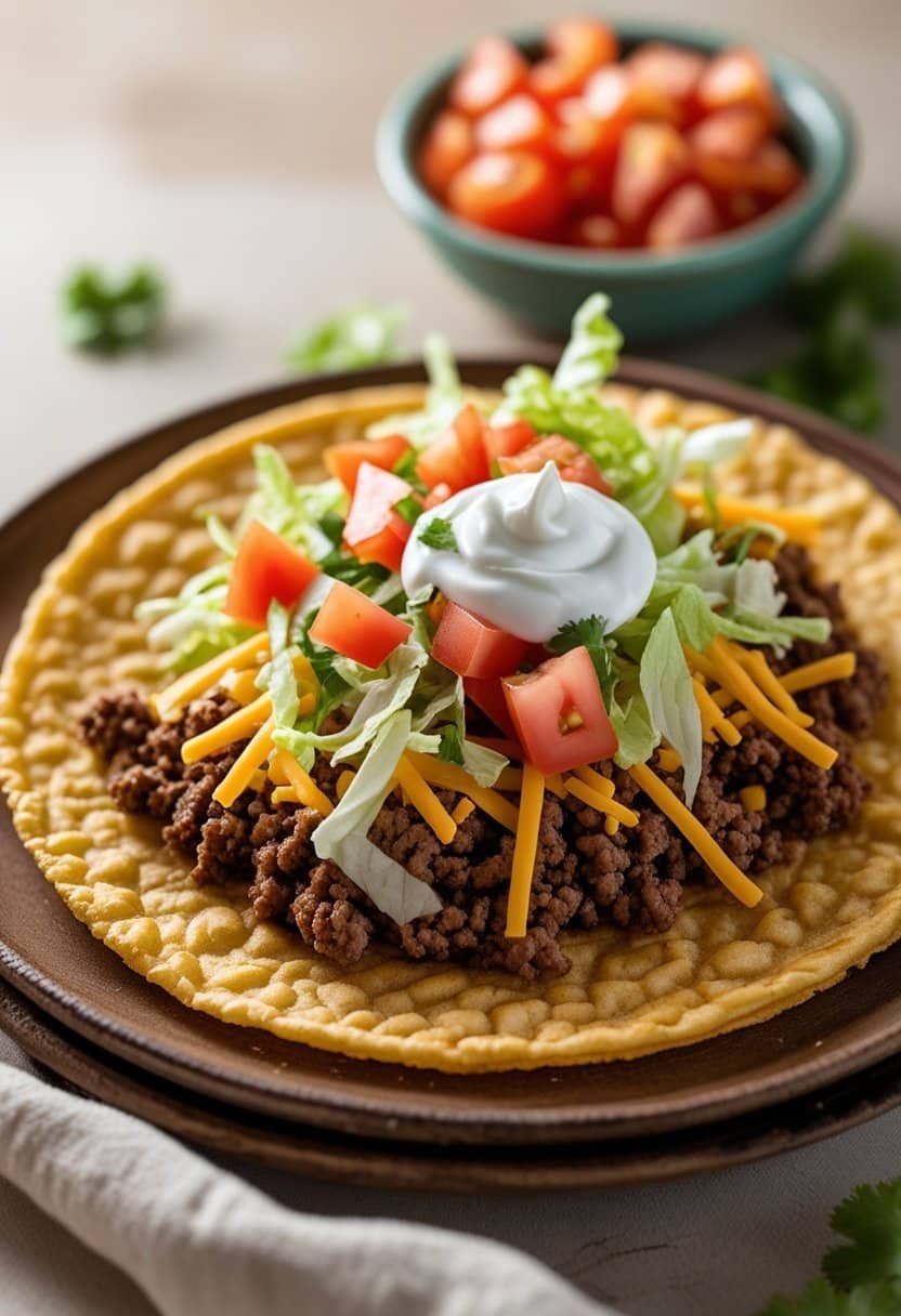 A Utah Navajo taco with crispy frybread topped with ground beef, lettuce, tomatoes, cheese, and sour cream on a wooden plate.