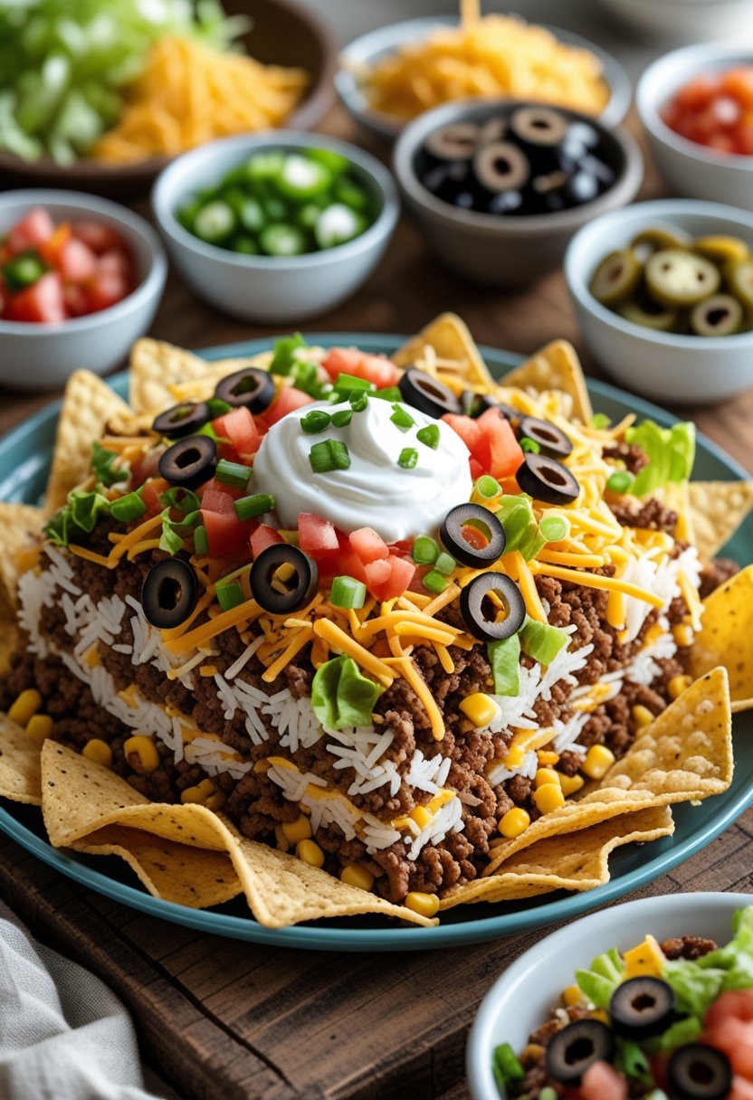A layered plate of Mormon Haystacks with chips, seasoned beef, rice, cheese, lettuce, tomatoes, olives, and sour cream on a wooden table with small bowls of toppings around it.