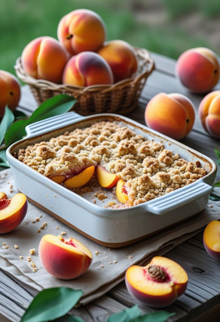 A peach crumble dessert on a wooden table surrounded by fresh peaches and green leaves outdoors.
