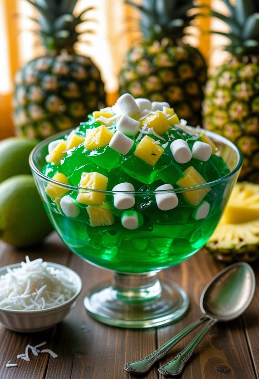 A bowl of green Jello salad with marshmallows and pineapple on a wooden table, surrounded by fresh ingredients and a spoon.