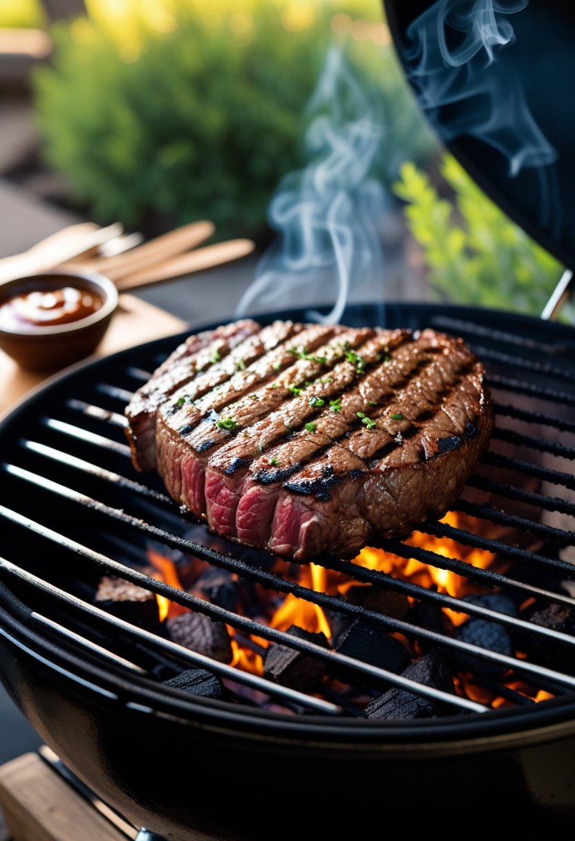 A juicy grilled tri-tip steak cooking on an outdoor barbecue grill with smoke rising and greenery in the background.