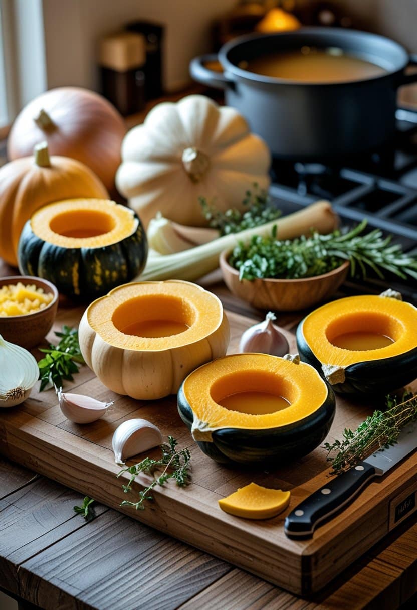 Fresh butternut and acorn squash with chopped onions, garlic, herbs, and a pot cooking on a stove in a kitchen setting.