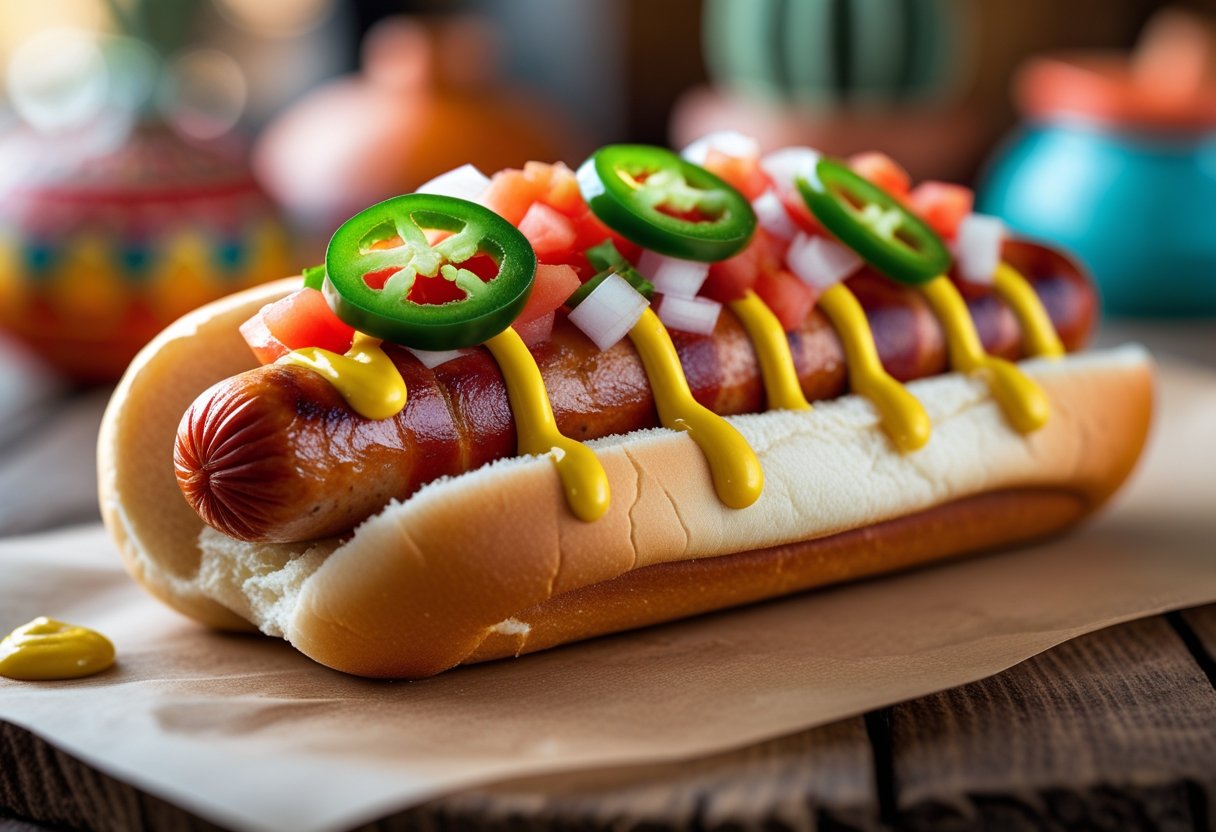 Close-up of a bacon-wrapped hot dog with diced tomatoes, onions, jalapeños, beans, mustard, and mayonnaise in a soft bun on a wooden table.