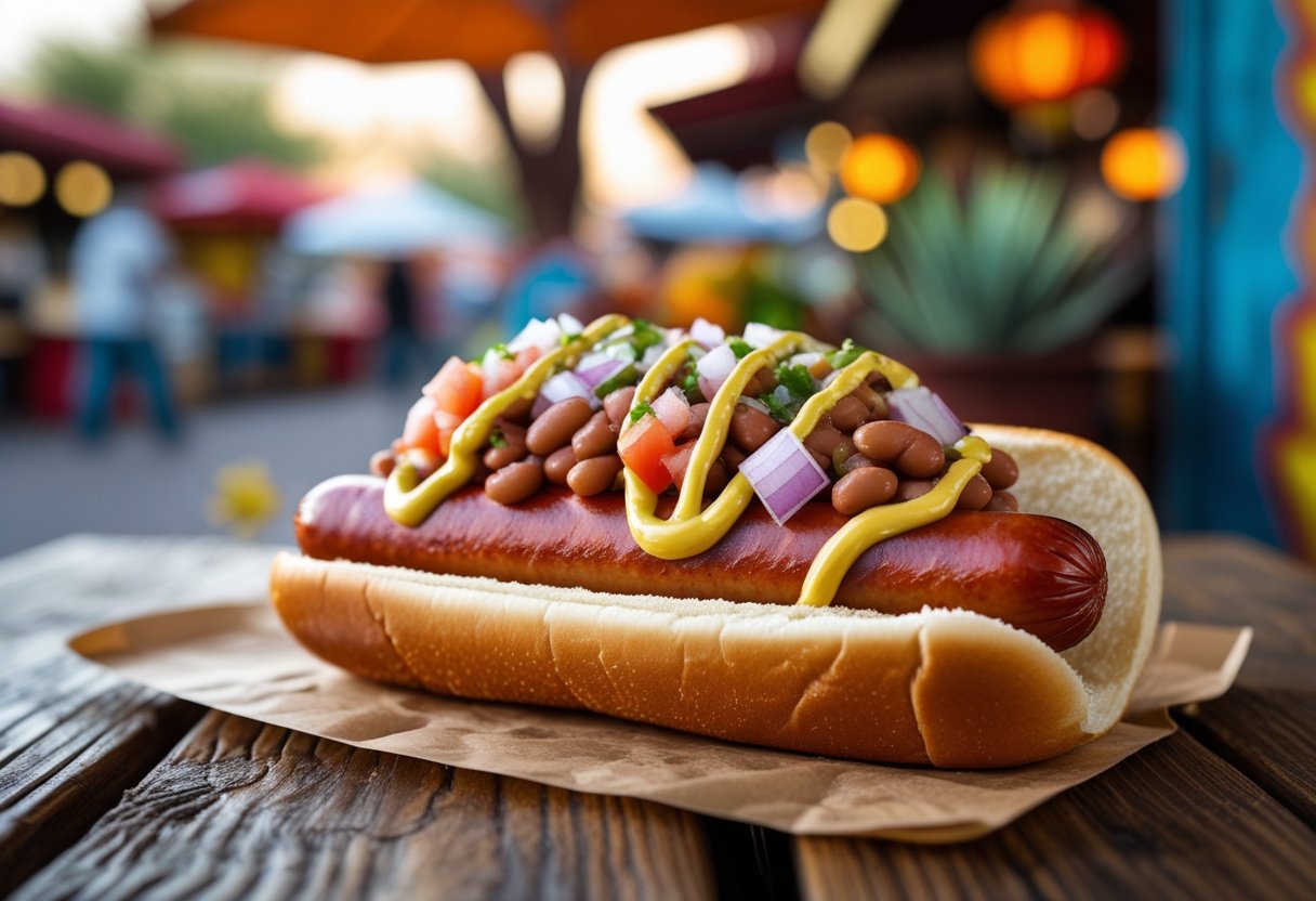 A bacon-wrapped hot dog topped with beans, tomatoes, onions, mayonnaise, and mustard on a bun, placed on a wooden table with a blurred outdoor market in the background.