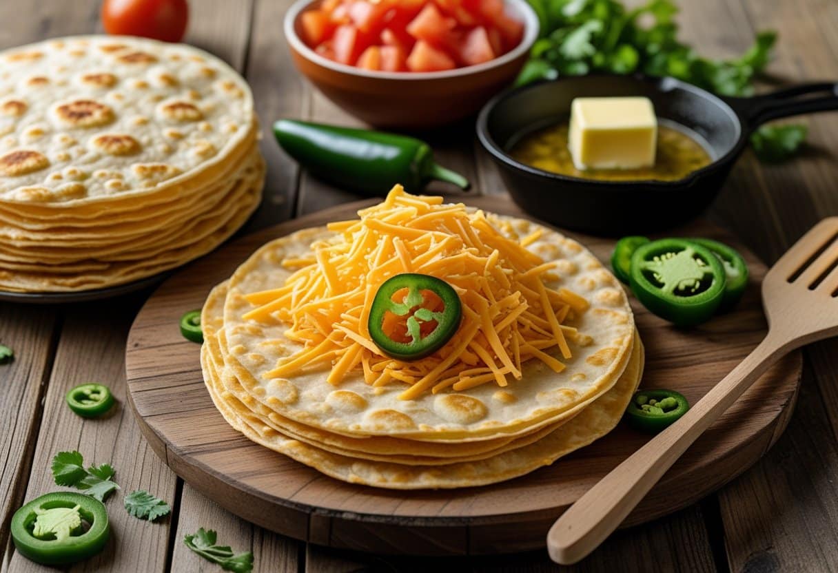 A wooden table displaying tortillas, shredded cheese, jalapeño slices, diced tomatoes, melted butter, a cast iron skillet, and a wooden spatula arranged for making a cheese crisp.