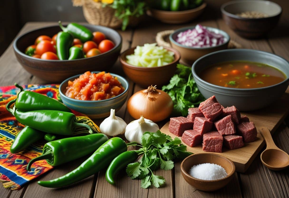 A close-up of fresh ingredients for Arizona Green Chile Stew arranged on a wooden table, including green chiles, tomatoes, beef, onions, garlic, cilantro, and broth.