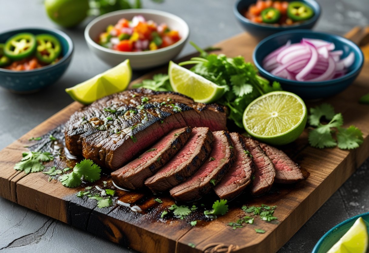 A plate of grilled steak slices with lime wedges, cilantro, and onions on a wooden board, surrounded by bowls of salsa and grilled jalapeños.