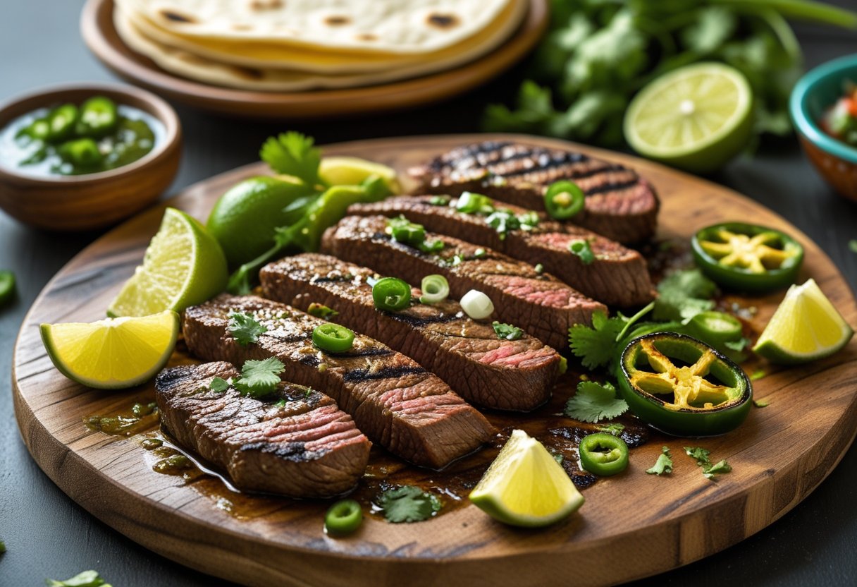 A plate of grilled steak slices with lime wedges, cilantro, and grilled vegetables, accompanied by salsa and tortillas on a wooden surface.