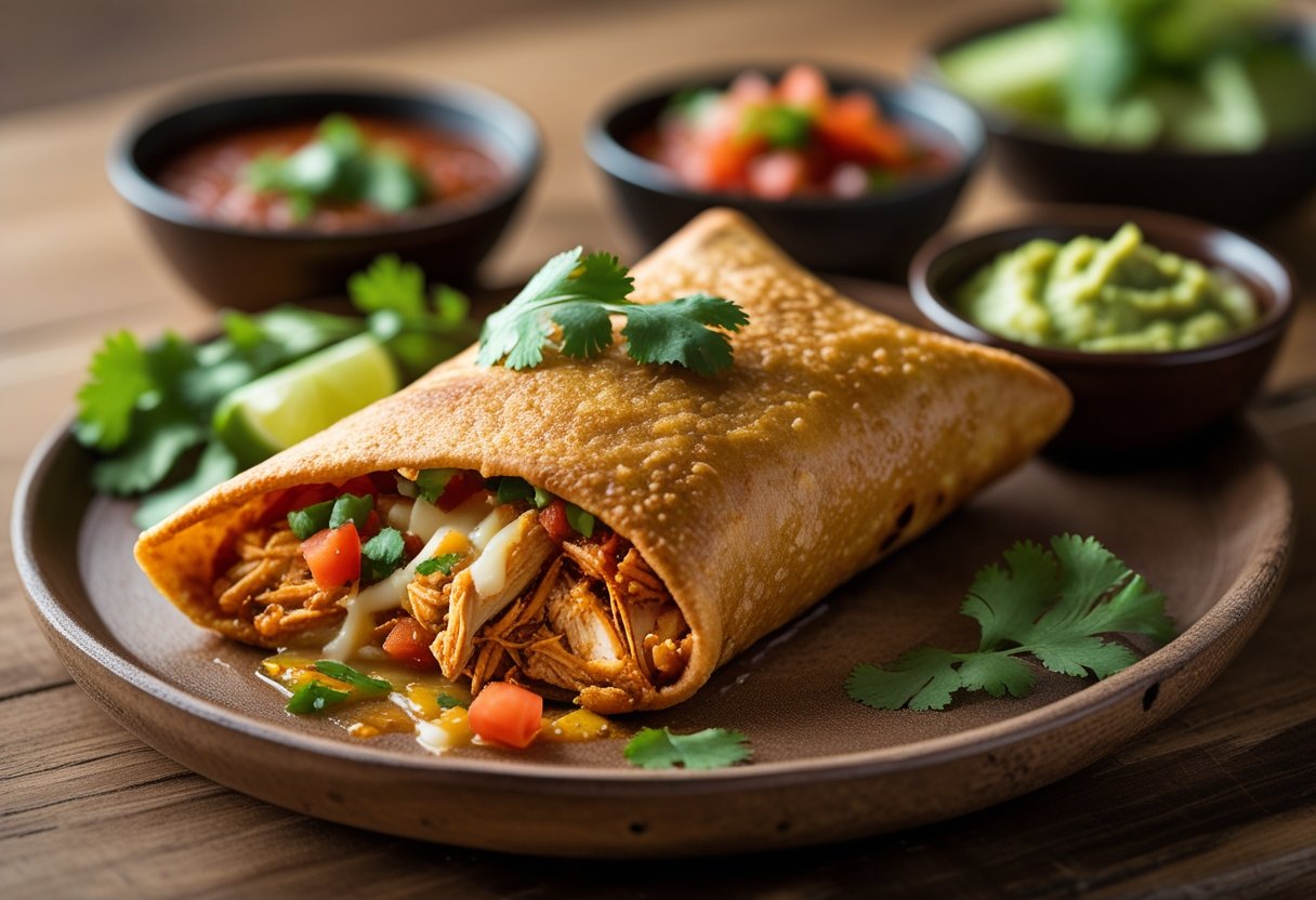 A plate with a crispy deep-fried burrito cut in half, served with salsa and guacamole on a wooden table.