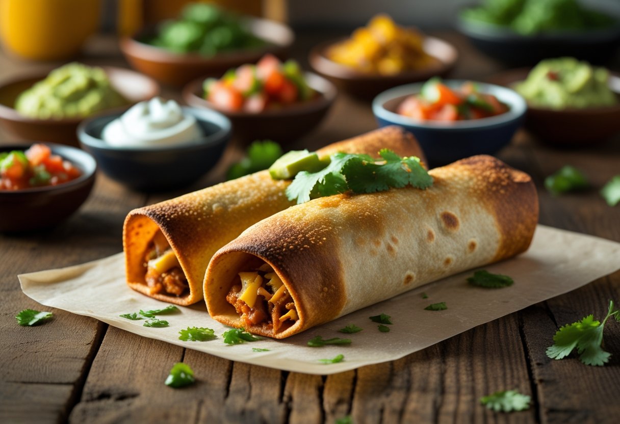 A golden brown, crispy deep-fried chimichanga served with bowls of guacamole, salsa, sour cream, and chopped cilantro on a wooden table.