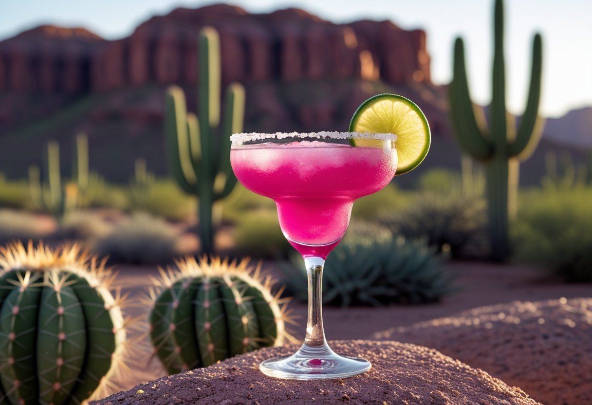 A vibrant prickly pear margarita cocktail in a glass garnished with lime and prickly pear, set against a desert background with cacti and rocks.