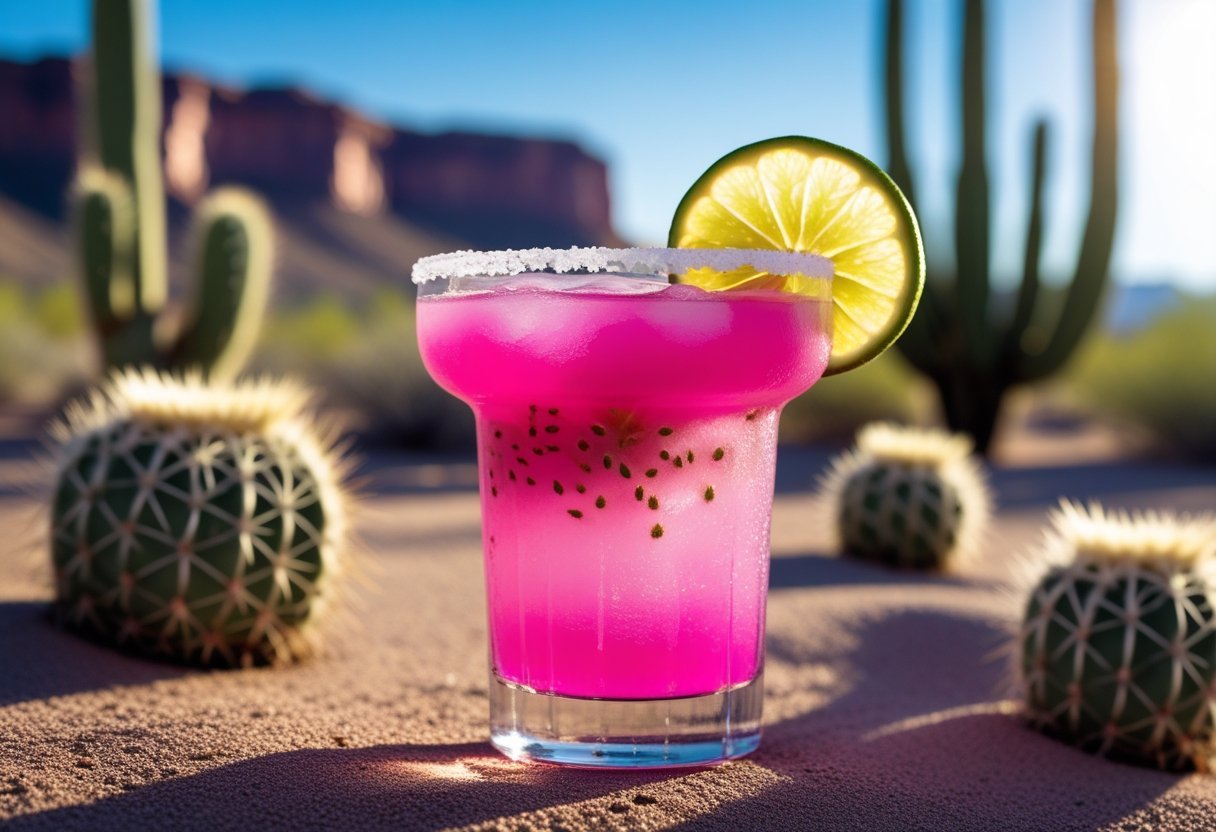 A prickly pear margarita garnished with lime and fruit, set outdoors with cacti and desert landscape in the background.