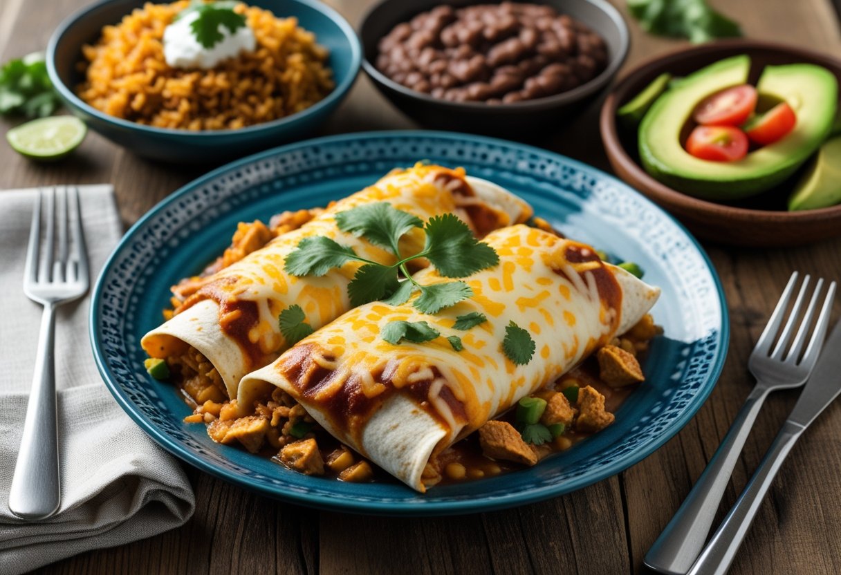 A plate of cheesy green chile chicken enchiladas with sides of Mexican rice, refried beans, and avocado tomato salad on a wooden table.