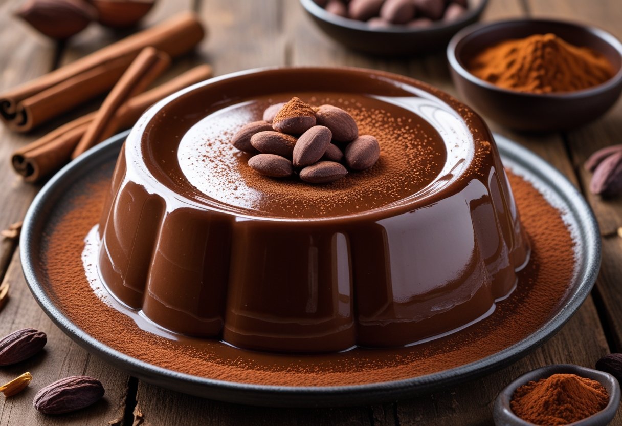 A Mexican chocolate flan dessert on a wooden table with cinnamon sticks, cocoa beans, and cocoa powder around it.