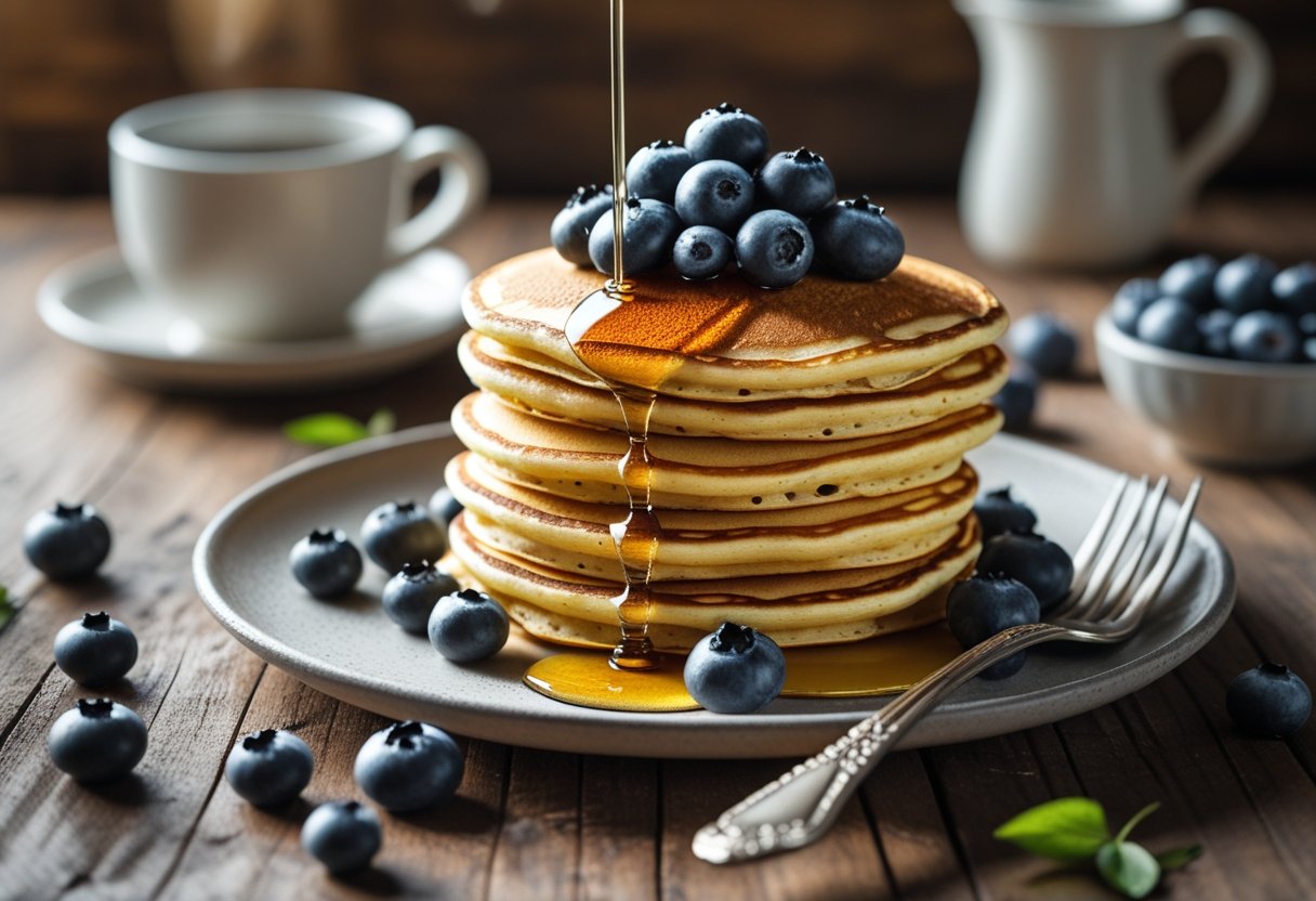 A stack of fluffy pancakes topped with fresh wild huckleberries and maple syrup on a wooden table, with a coffee cup and scattered berries nearby.