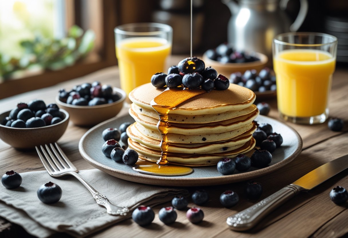 A stack of fluffy pancakes topped with fresh wild huckleberries on a wooden table surrounded by bowls of berries and a glass of orange juice.