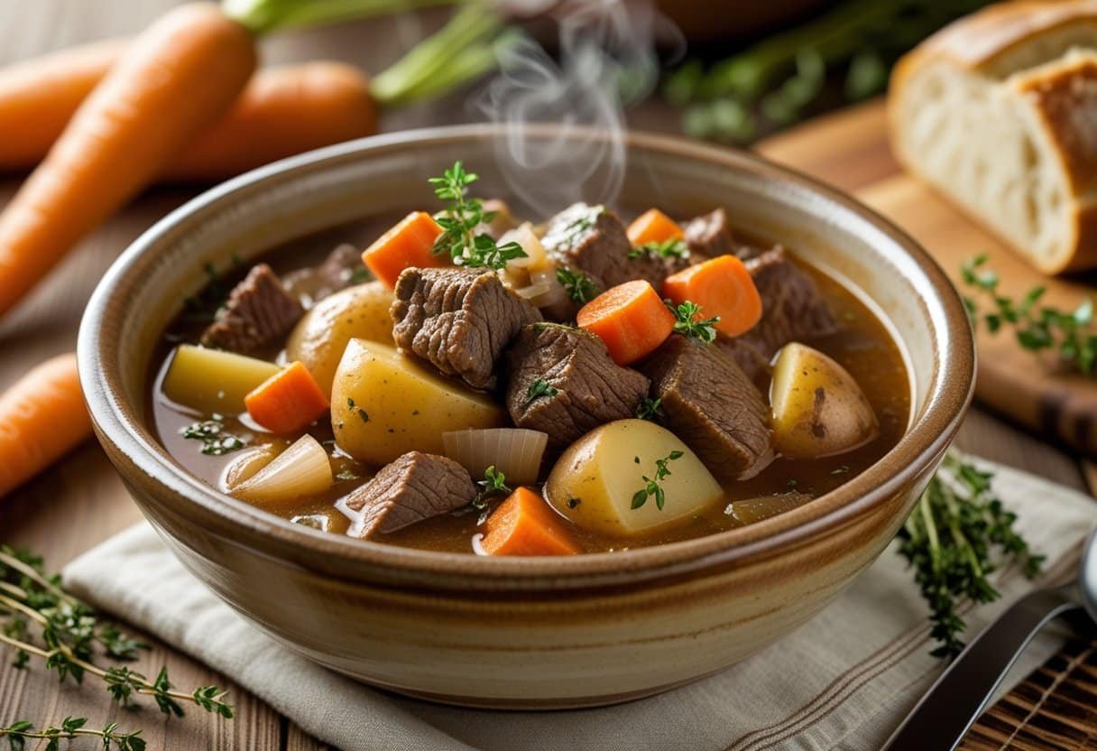 A bowl of hearty beef stew with vegetables on a wooden table, surrounded by fresh ingredients and bread.