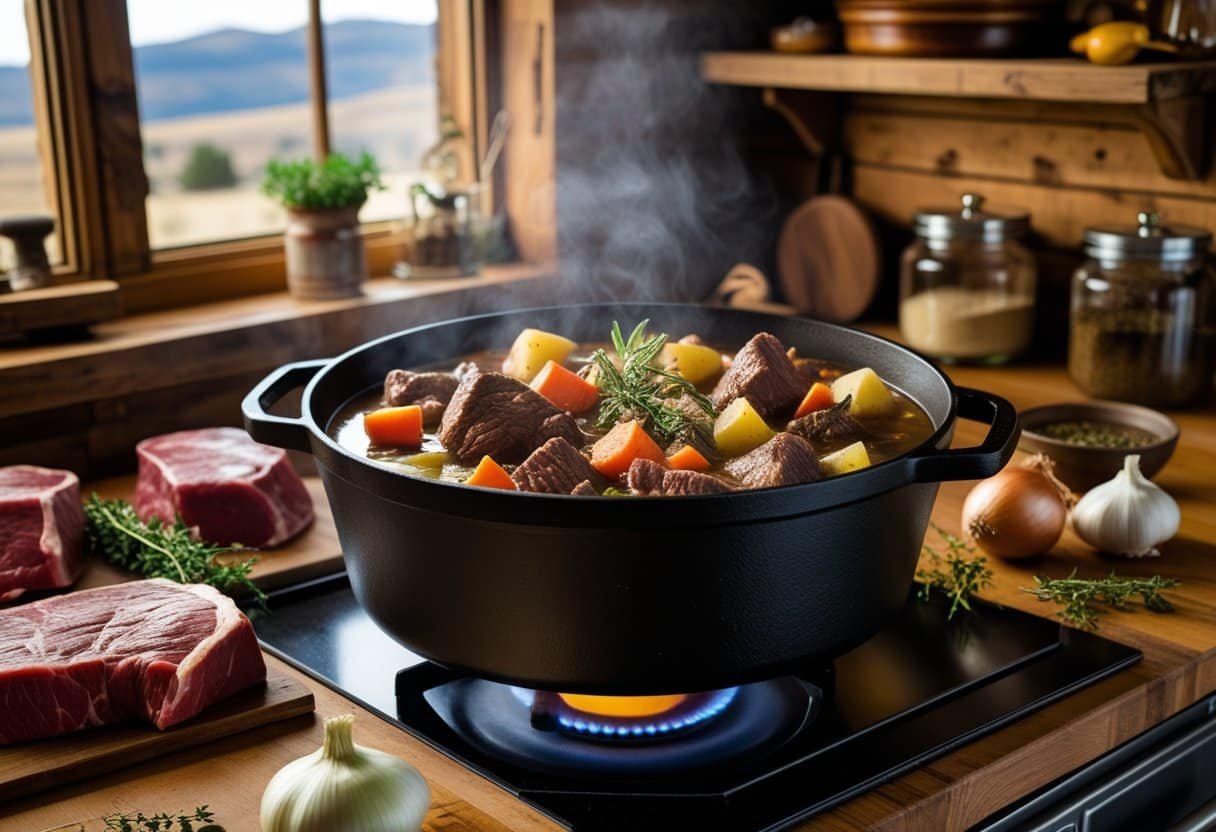 A rustic kitchen scene showing a pot of beef stew cooking on the stove with fresh ingredients and herbs on a wooden countertop.