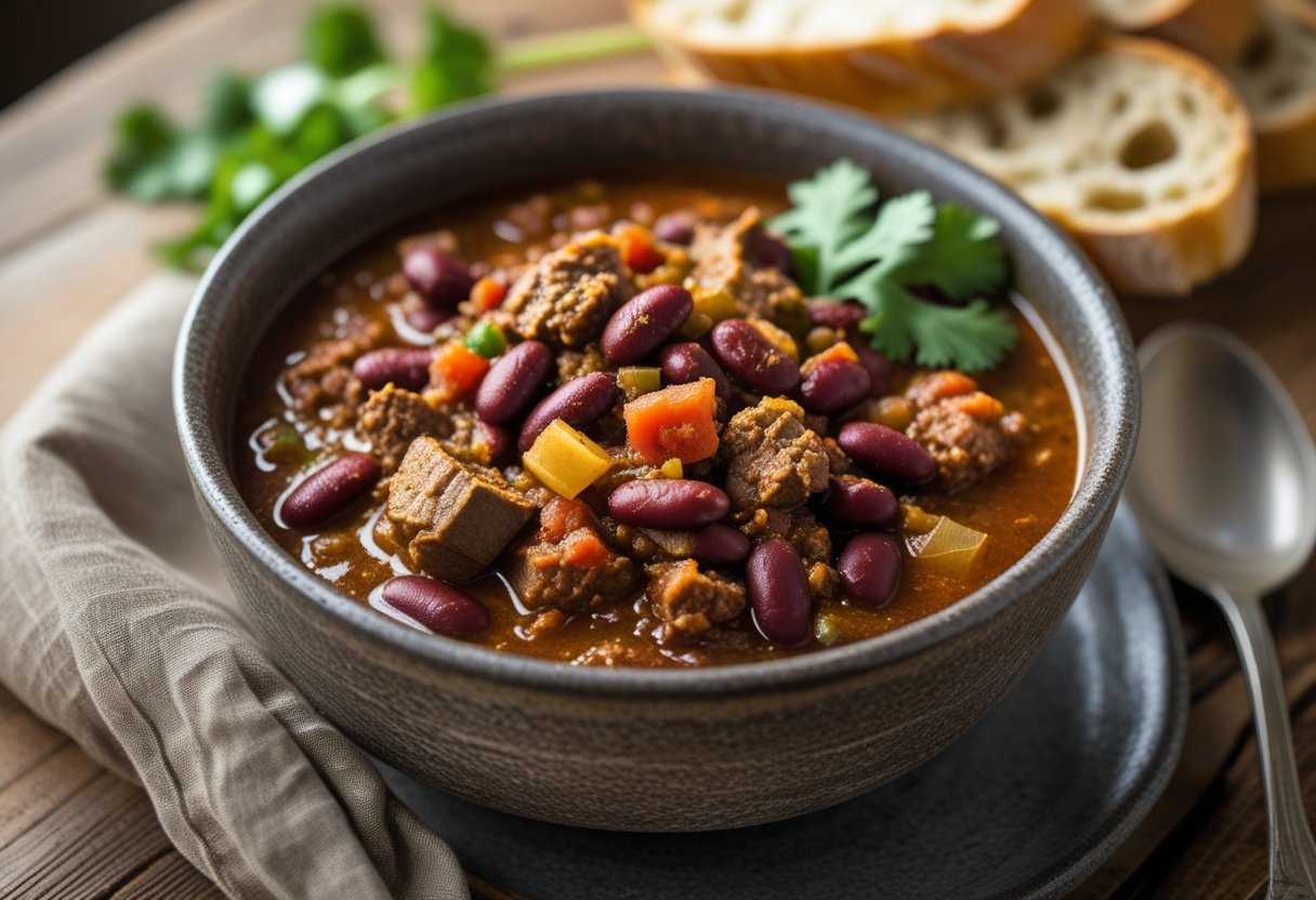 A bowl of hearty elk chili with beans and tomatoes on a wooden table, garnished with cilantro and served with crusty bread.