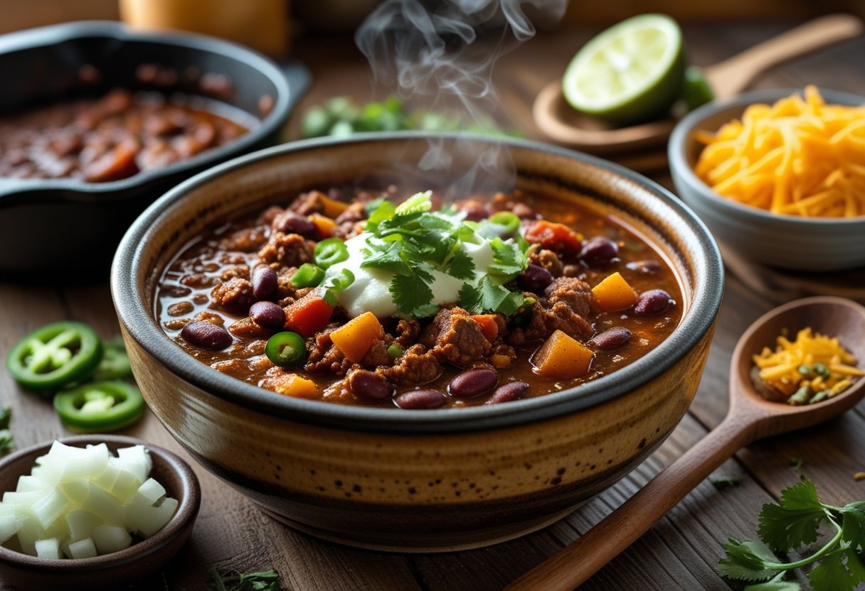 A steaming bowl of elk chili on a wooden table with bowls of shredded cheese, cilantro, jalapeños, onions, and a lime wedge nearby, set in a warm rustic kitchen scene.
