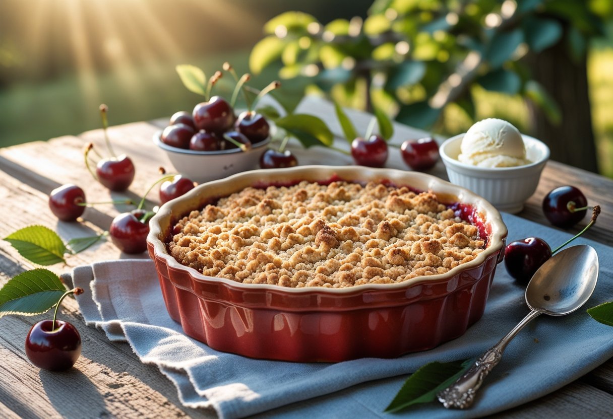A freshly baked cherry crisp dessert on a wooden table with fresh cherries and a scoop of vanilla ice cream, set outdoors with an orchard in the background.