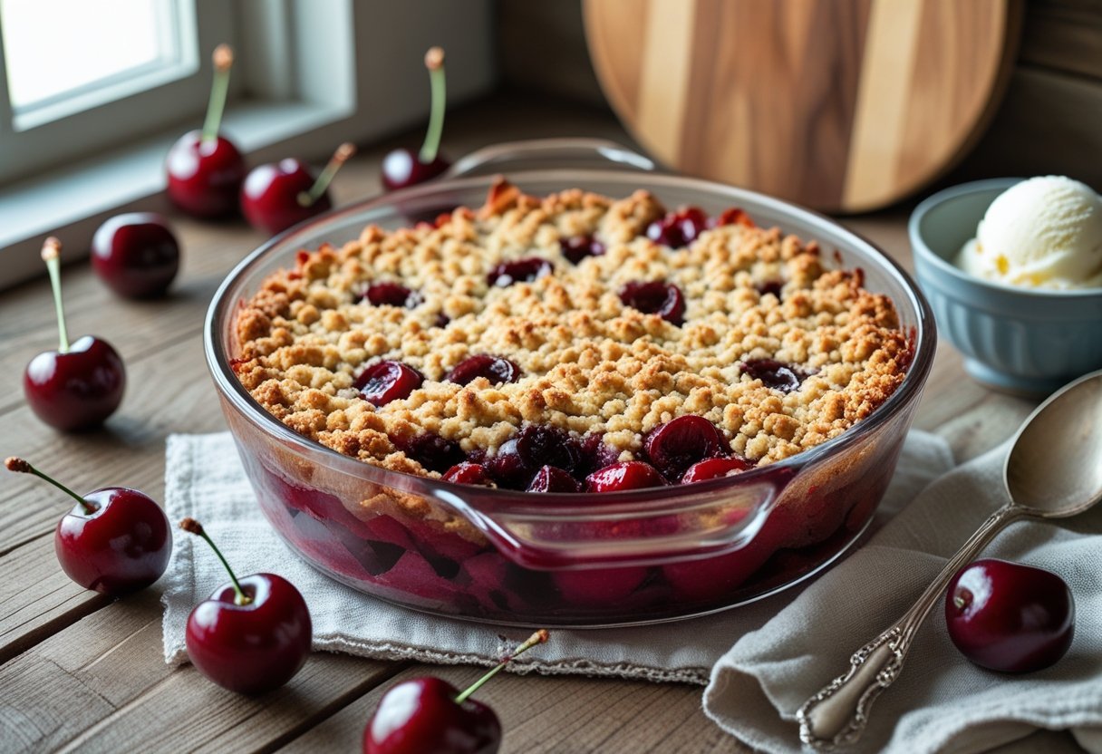 A freshly baked cherry crisp dessert with golden crumb topping on a wooden table, surrounded by fresh cherries and a bowl of melting vanilla ice cream.