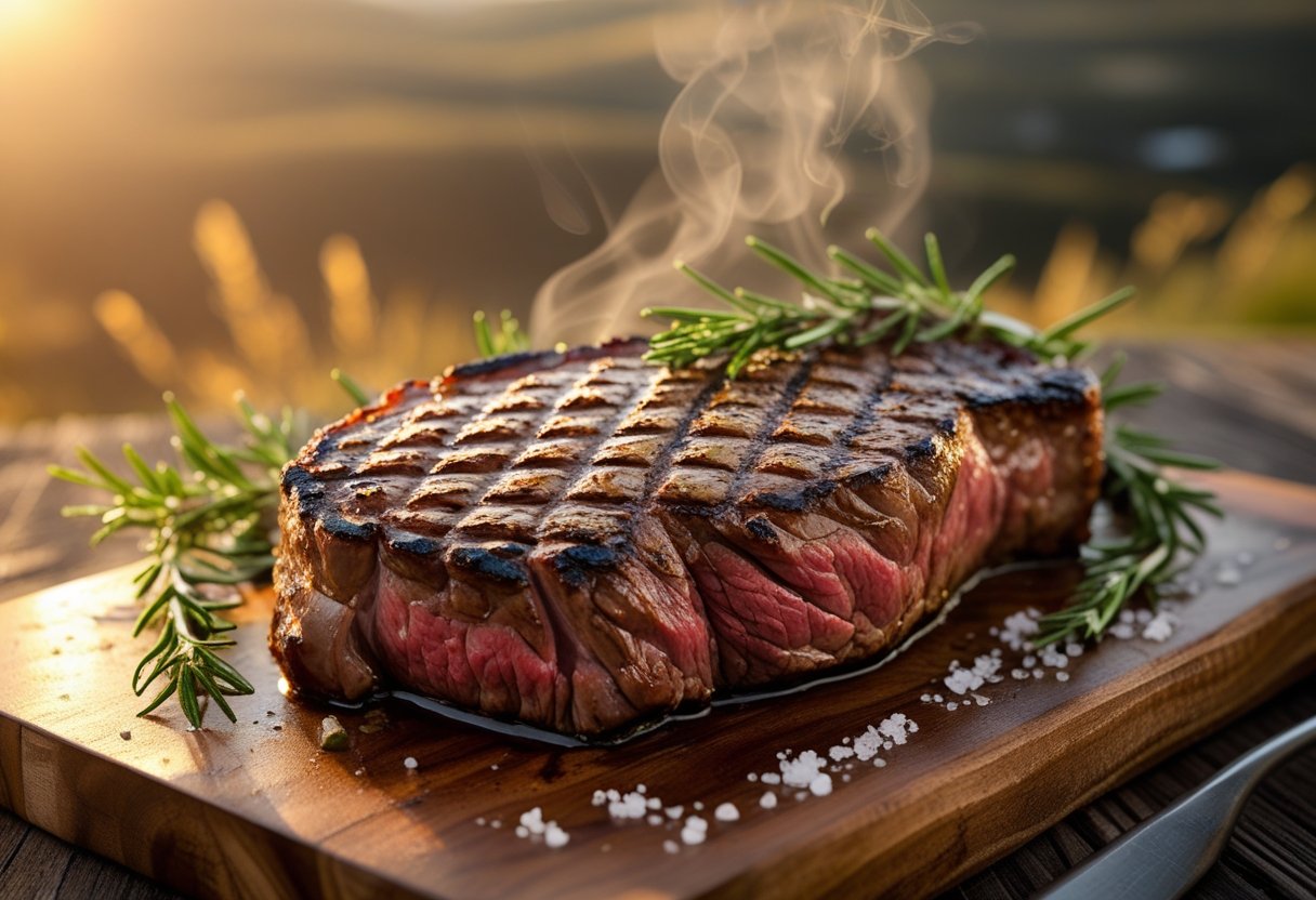 A thick-cut ribeye steak grilled and served on a wooden cutting board with rosemary and sea salt.