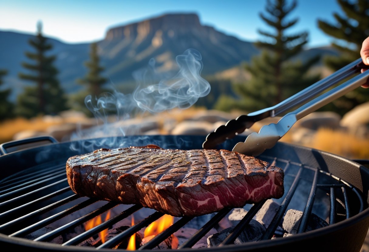 A thick ribeye steak grilling over an open flame outdoors with mountains and pine trees in the background.