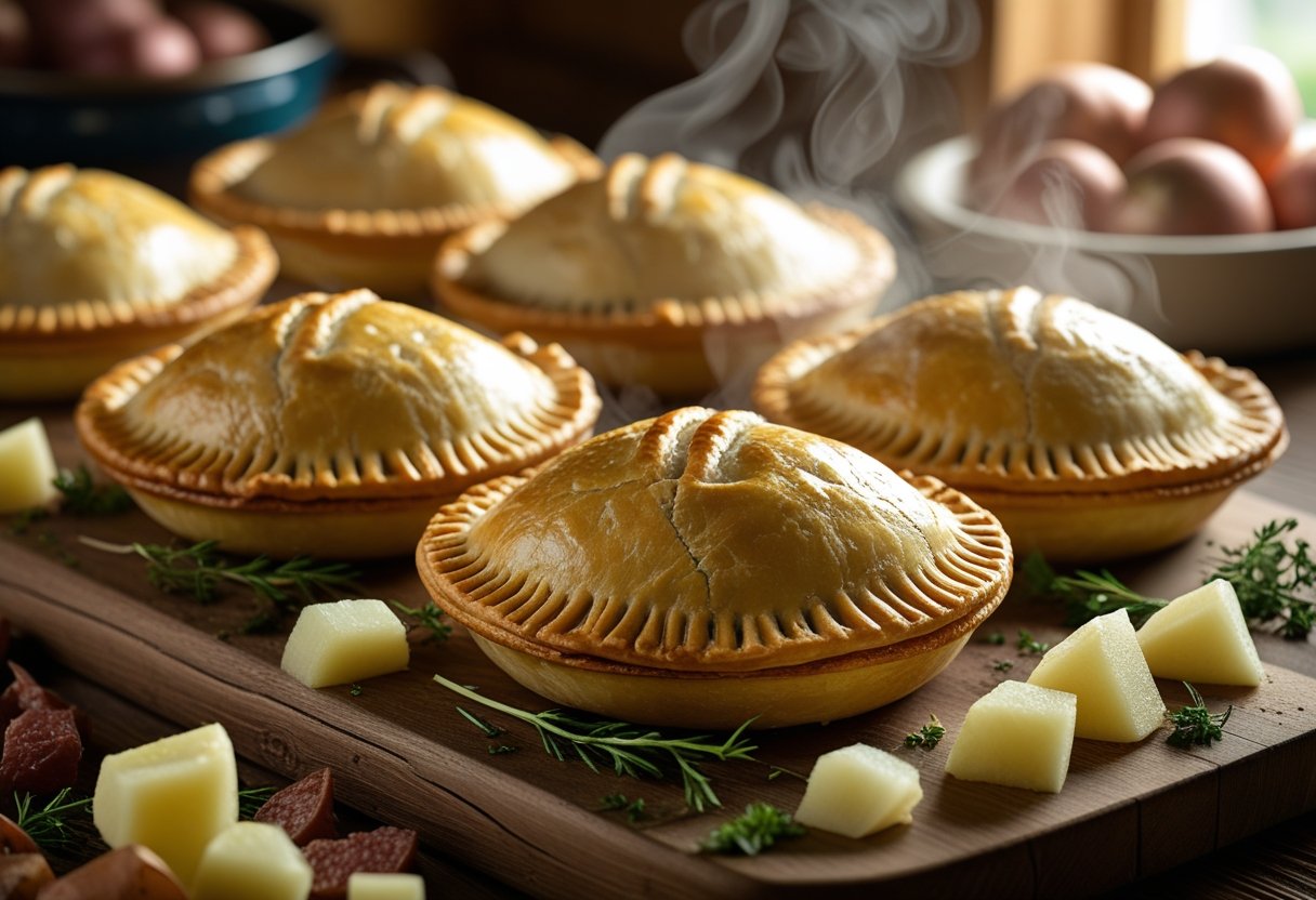 Several golden-brown meat hand pies on a wooden board with fresh ingredients around them in a warm kitchen setting.