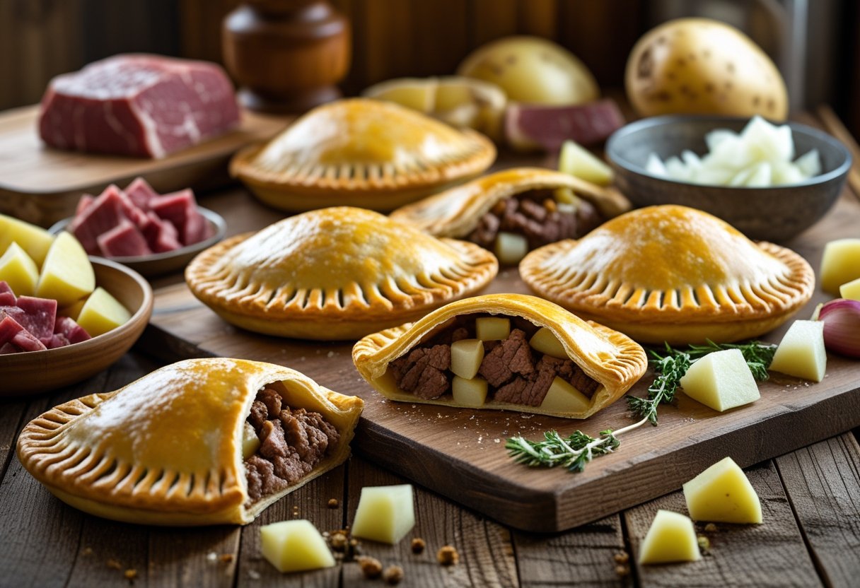 A wooden table with several golden-brown meat pasties, some cut open to show the filling, surrounded by raw ingredients like beef, potatoes, onions, and rutabaga.