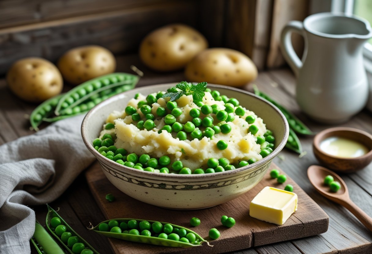 A bowl of creamy mashed potatoes mixed with green peas on a wooden table with fresh peas and potatoes nearby.