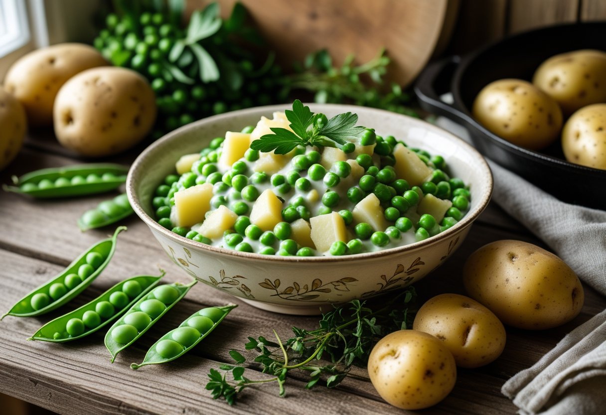 A bowl of creamed peas and potatoes on a wooden table with fresh peas, potatoes, and herbs nearby in a homestead kitchen setting.